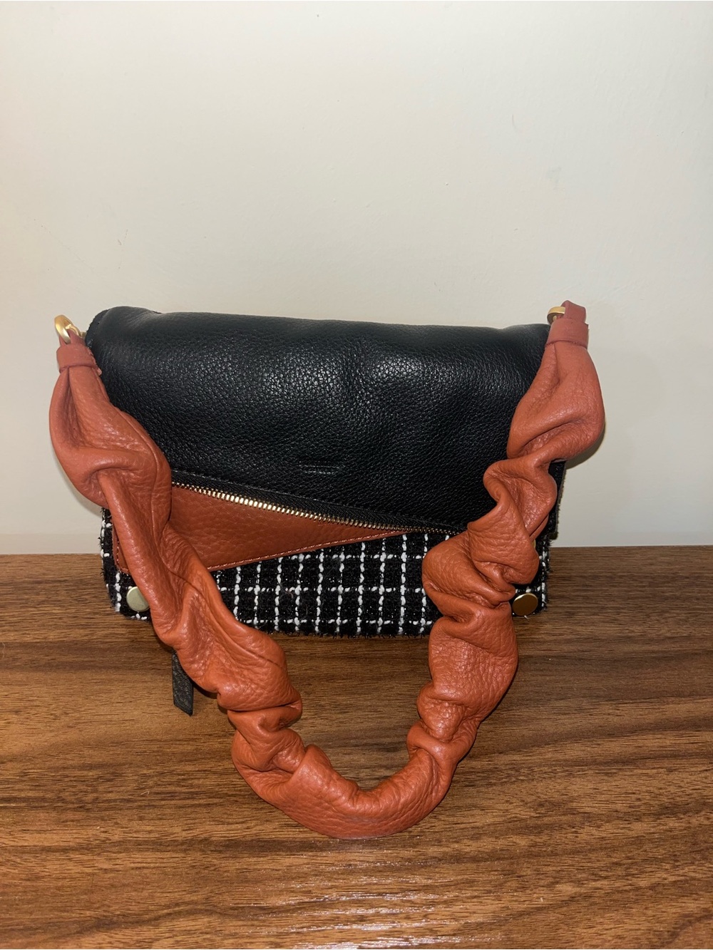 Hammitt Black and Rust Two-Tone Shoulder Bag with Ruched Rust Handle